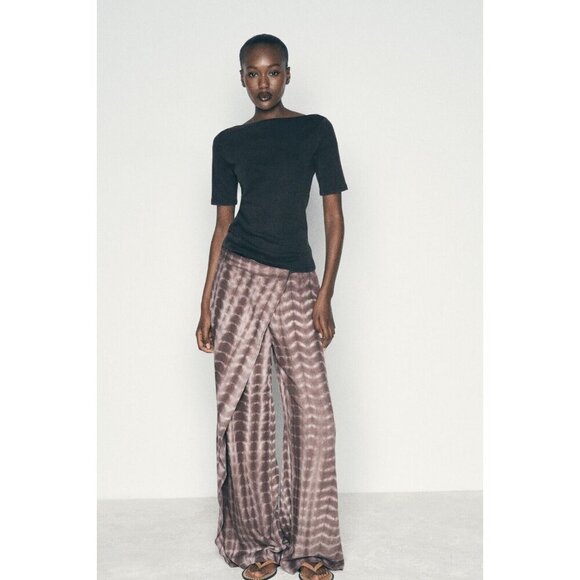 Zara Tie Dye Grey White Linen Blend Pants Wide Leg Relaxed M - Picture 2 of 9